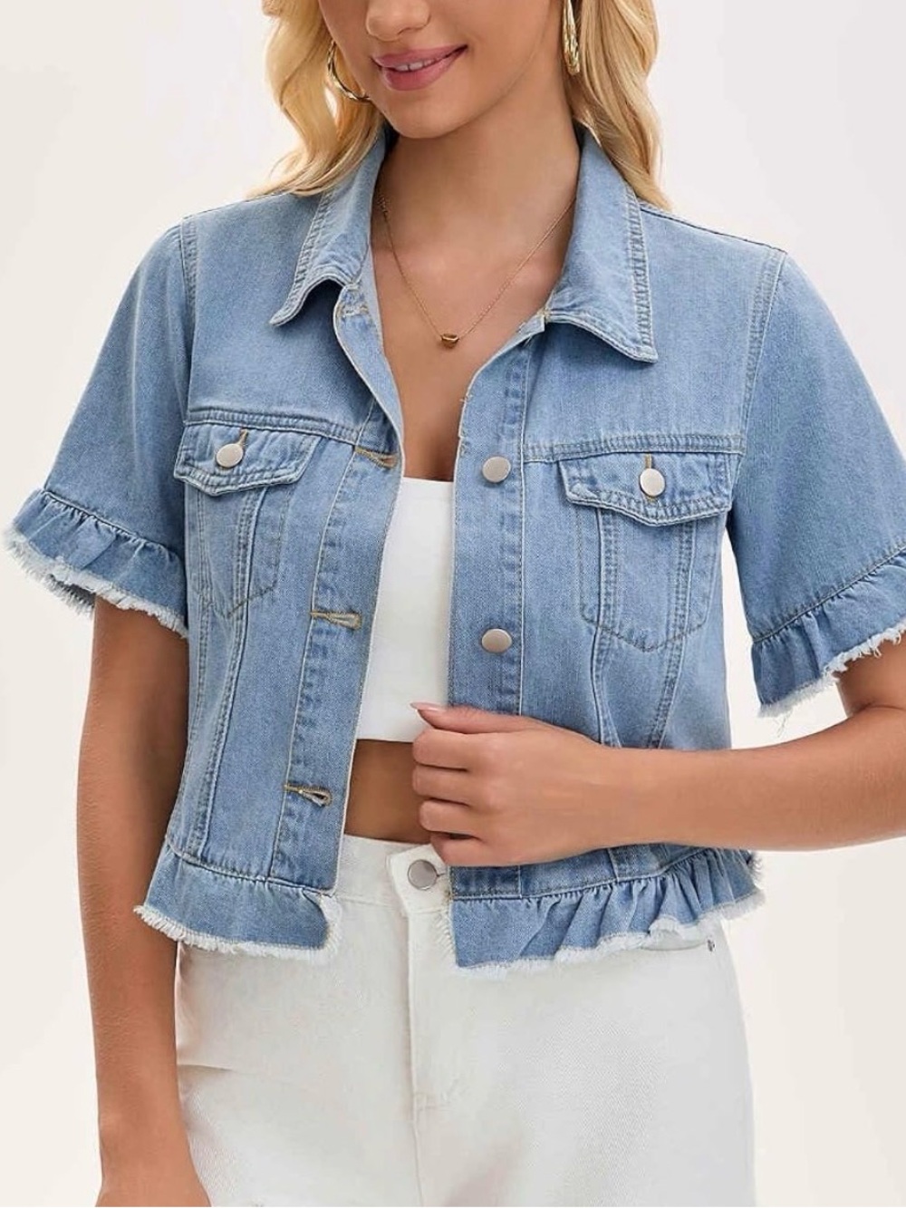 Light Wash Denim Ruffle Hem Cropped Short Sleeve Jacket